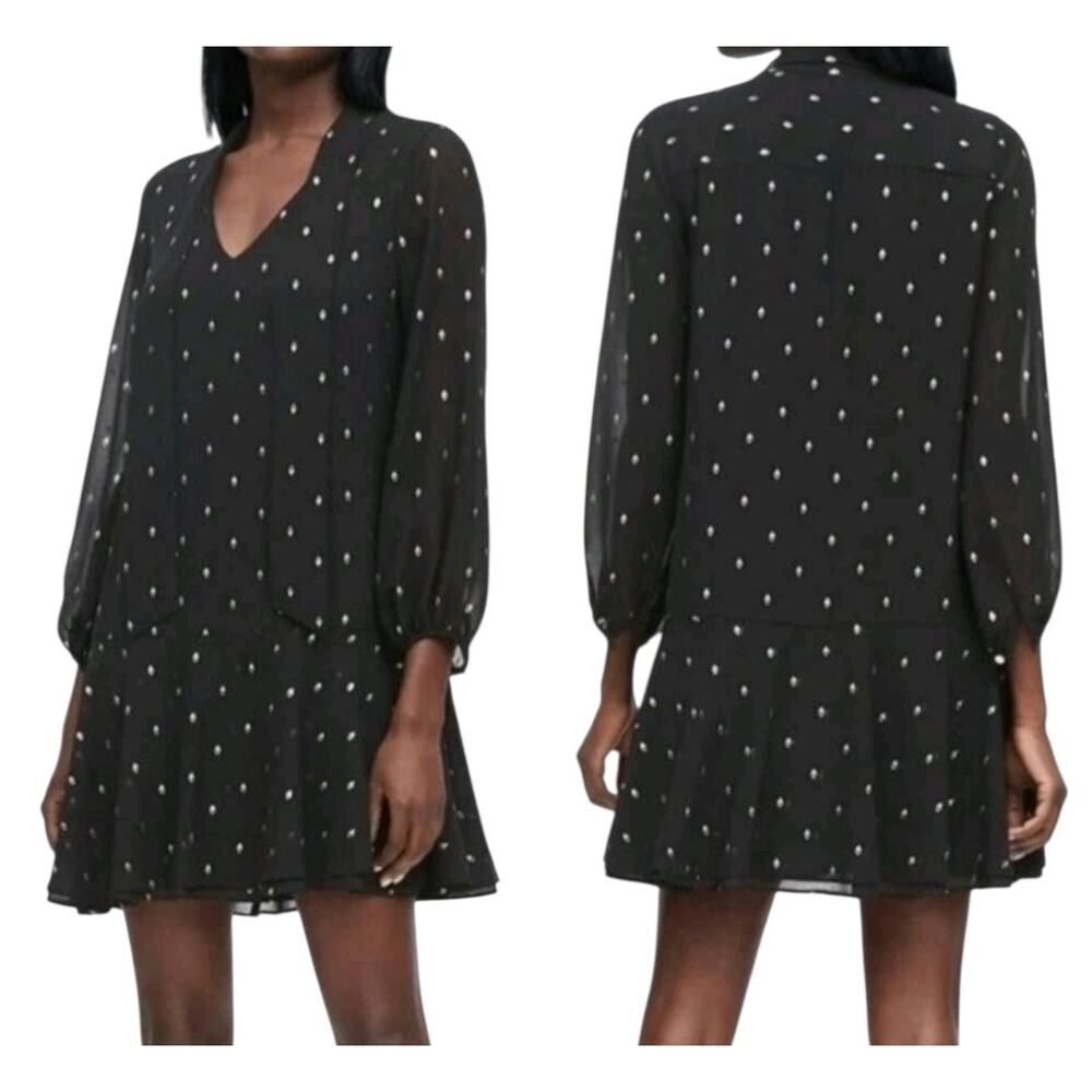 Banana Republic Black w Gold Metallic Sheer Sleeve Mini‎ Dress w Neck Tie SZ 8